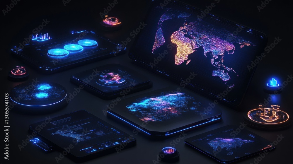 Fototapeta premium Several digital interface screens with glowing data displayed globally