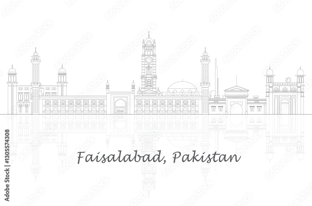 Naklejka premium Outline Skyline panorama of city of Faisalabad, Pakistan - vector illustration