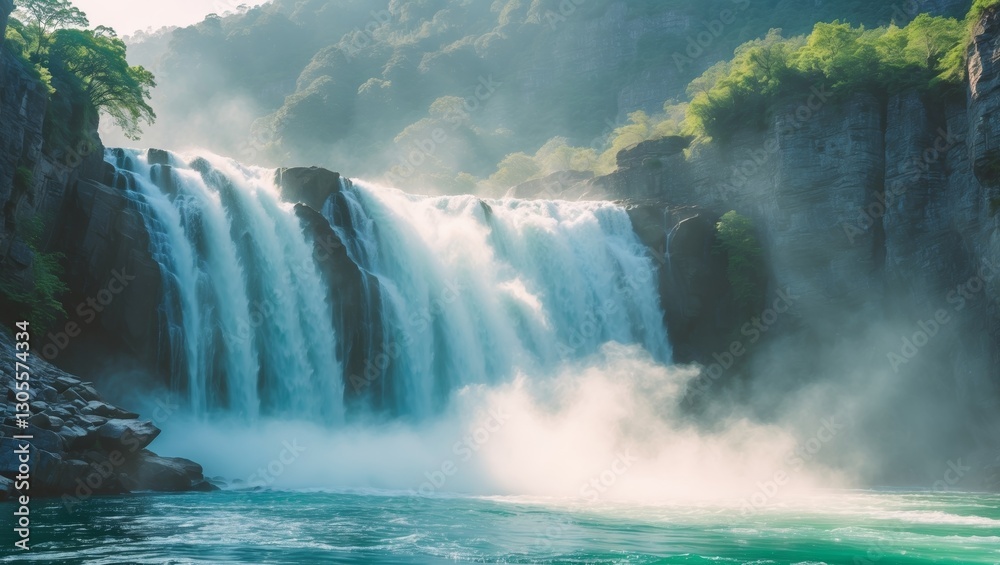 Fototapeta premium Powerful Waterfall Cascading Over Rocky Cliffs