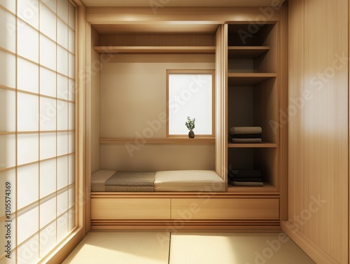 Japanese style room showcasing wood furnishings and sliding doors in a room