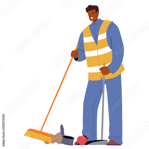 Janitor cartoon character in uniform sweeping streets cleaning city environment from garbage