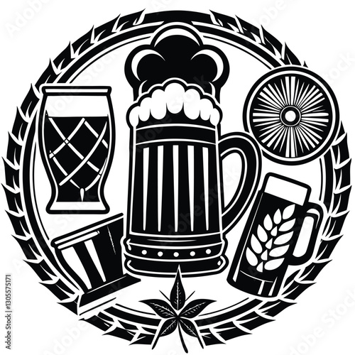 Vintage Beer Mug Collection,Retro Beer Glasses and Barley,Classic Beer Stein Design | Brewery-Themed Artwork.