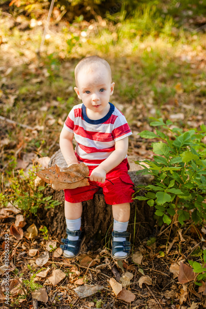 One-year-old baby playing with natural materials leaves and twigs in a warm autumn forest One-year-old baby playing with natural materials leaves and twigs in a warm autumn forest