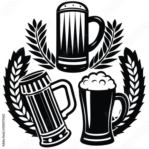 Vintage Beer Mug Collection,Retro Beer Glasses and Barley,Classic Beer Stein Design | Brewery-Themed Artwork.