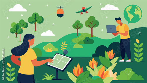 Using data from satellite imagery botanists track the spread of invasive plant species and develop strategies for control and eradication.. Vector illustration