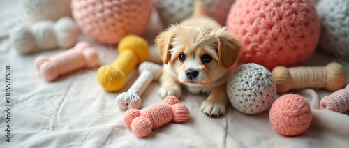 Cute puppy playing among colorful textured fabrics and toys