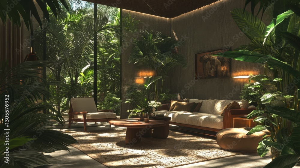 Fototapeta premium Modern interior design with prehistoric plants in a cozy living room setting