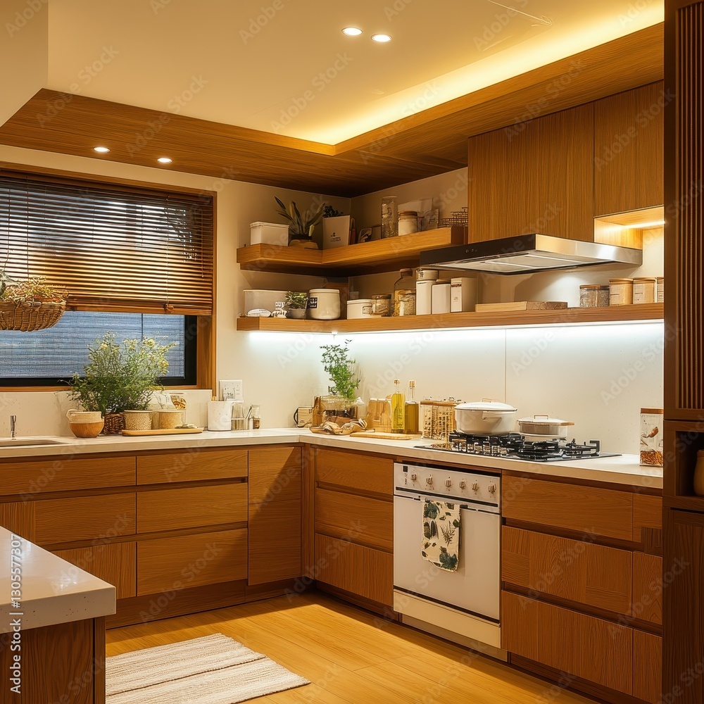 custom made wallpaper toronto digitalAn interior kitchen scene featuring wooden cabinets and appliances