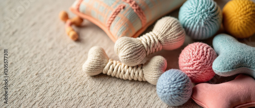 Colorful fabric toys and textures on a soft background