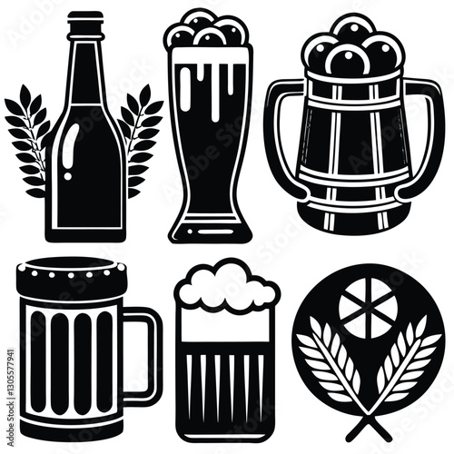 Vintage Beer Mug Collection,Retro Beer Glasses and Barley,Classic Beer Stein Design | Brewery-Themed Artwork.