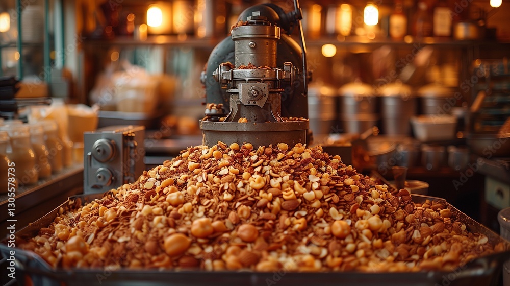 Abundant pile of roasted nuts displayed under warm lights on a metallic machine in a busy market setting Abundant pile of roasted nuts displayed under warm lights on a metallic machine in a busy market setting