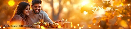 A couple sharing a warm meal and drinks under autumn lights. Generative AI photo