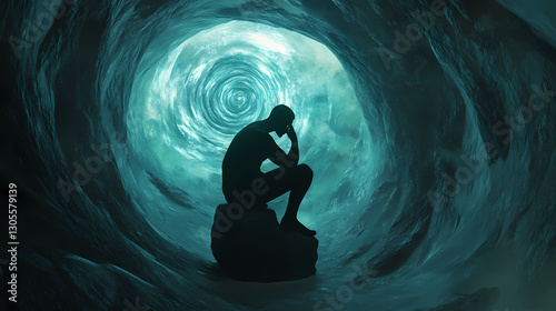 World philosophy day silhouette of a thinker surrounded by swirling philosophical concepts, abstract background, 3d illustration. Truth - Stone. Illustration