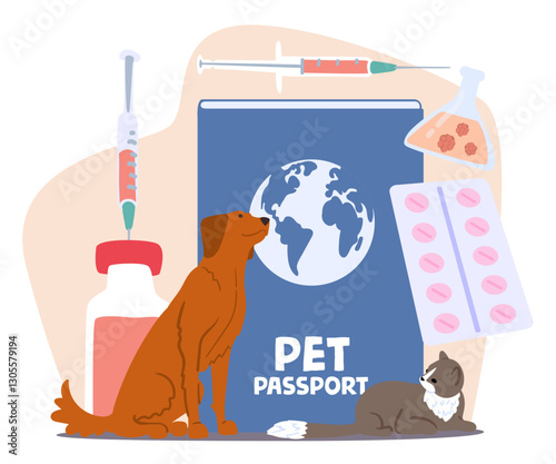 Pet passport, veterinary document for dogs and cats domestic animals cartoon vector illustration