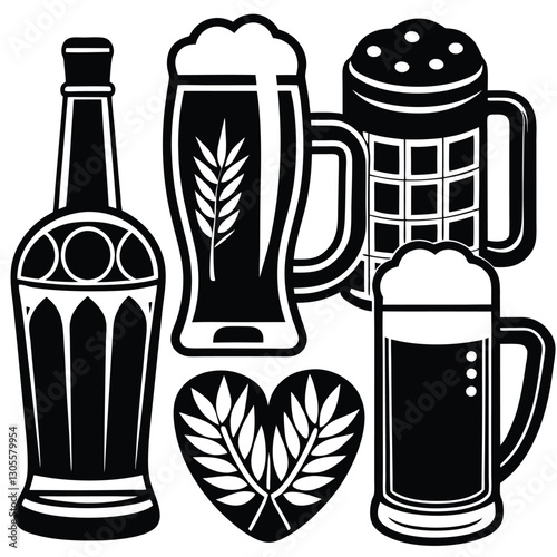 Vintage Beer Mug Collection,Retro Beer Glasses and Barley,Classic Beer Stein Design | Brewery-Themed Artwork.