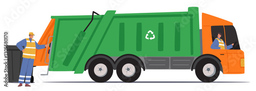 Janitor workers team collecting waste from city streets into garbage dump truck isolated on white