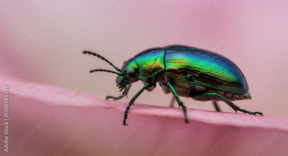 Close-up of Vibrant Green Beetle Crawling on Pink Flower Petal Close-up of Vibrant Green Beetle Crawling on Pink Flower Petal