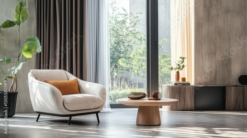 Interior of modern living room with armchair and table. Banner for design