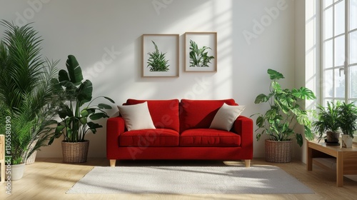 Fototapeta Naklejka Na Ścianę i Meble -  photo of red sofa and recliner chair with plants in a scandinavian clean and minimalist living room apartment and design interior furniture