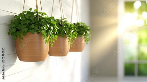 Three hanging planters with lush ivy plants in a softly lit home environment. Generative AI photo