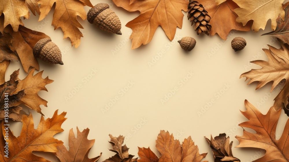 Fototapeta premium Creative layout made of brown leaves and acorns on pastel background. Autumn, fall, thanksgiving day concept.