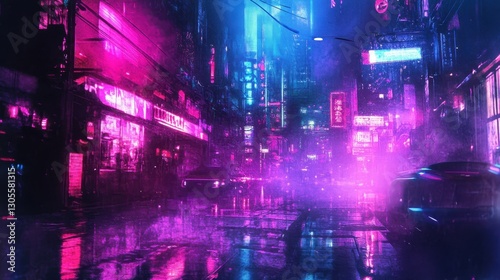 Backdrop of a neon-lit alley with metallic structures and soft halftone reflections