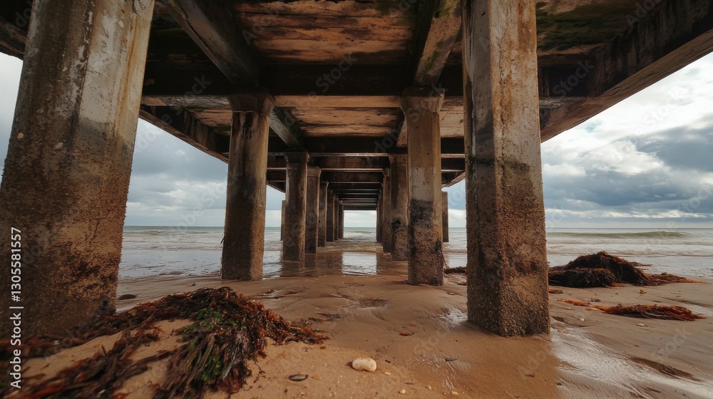 View under Point Lonsdale Pier with weathered wooden pillars on beach View under Point Lonsdale Pier with weathered wooden pillars on beach