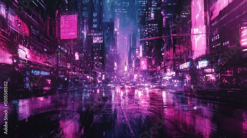 Wallpaper of a futuristic city with distorted neon reflections and comic shading