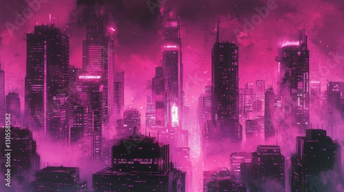 Backdrop of a cyberpunk megacity with neon lights halftone effects and glowing outlines