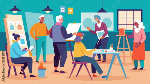 The studio buzzes with excitement as the seniors prepare for their upcoming art exhibition showcasing their talents to the local community.. Vector illustration