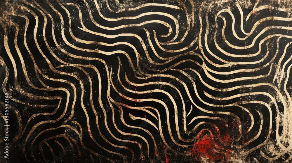 Obraz premium Backdrop of ink maze with warped lines blending sepia and crimson hues with soft light