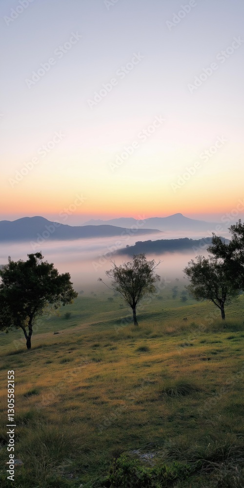 A beautiful landscape with a foggy sky and three trees. The sky is a mix of orange and blue colors, creating a serene and peaceful atmosphere. The trees are scattered throughout the field A beautiful landscape with a foggy sky and three trees. The sky is a mix of orange and blue colors, creating a serene and peaceful atmosphere. The trees are scattered throughout the field
