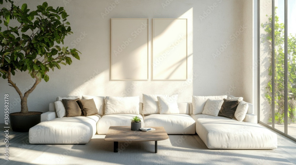 Fototapeta premium Modern, white minimalist interior. Modern interior design for posters in the living room layout with a white sofa with space to copy. High quality photo