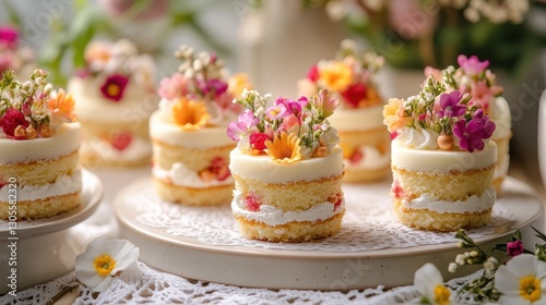 feminine baking display, a variety of small bento cakes adorned with detailed floral designs, displayed on a lace-covered table in a cheery, well-lit area, accompanied by a womens day message written