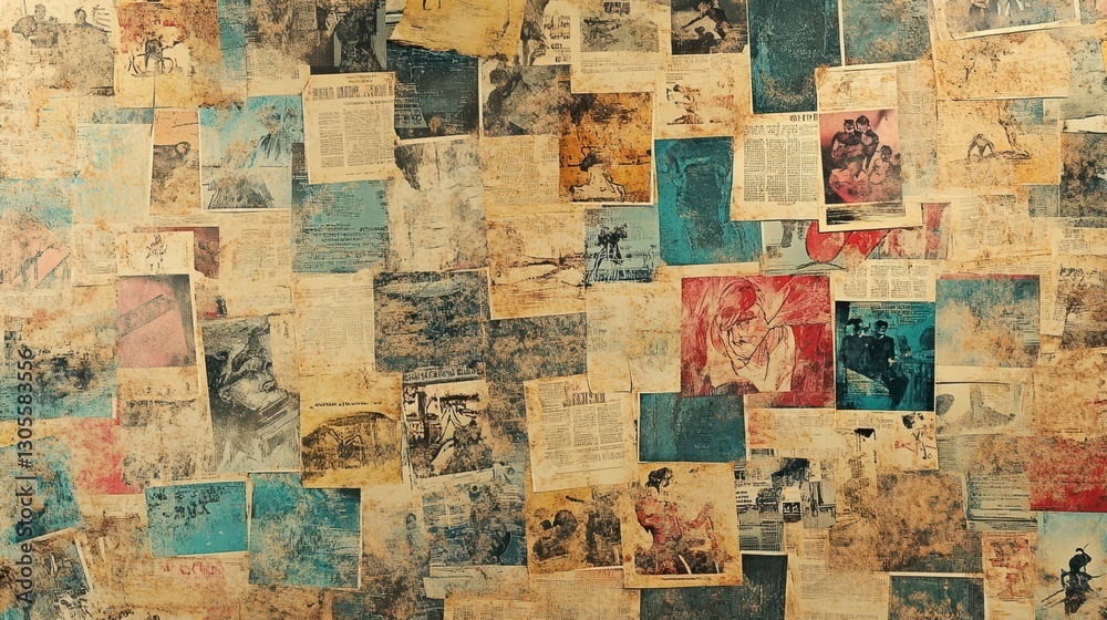 Naklejka premium Wallpaper of vintage comic book with yellowed pages and uneven ink saturation
