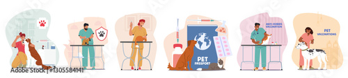 Pet vaccination at veterinary clinic, domestic animals health care and support vector illustration