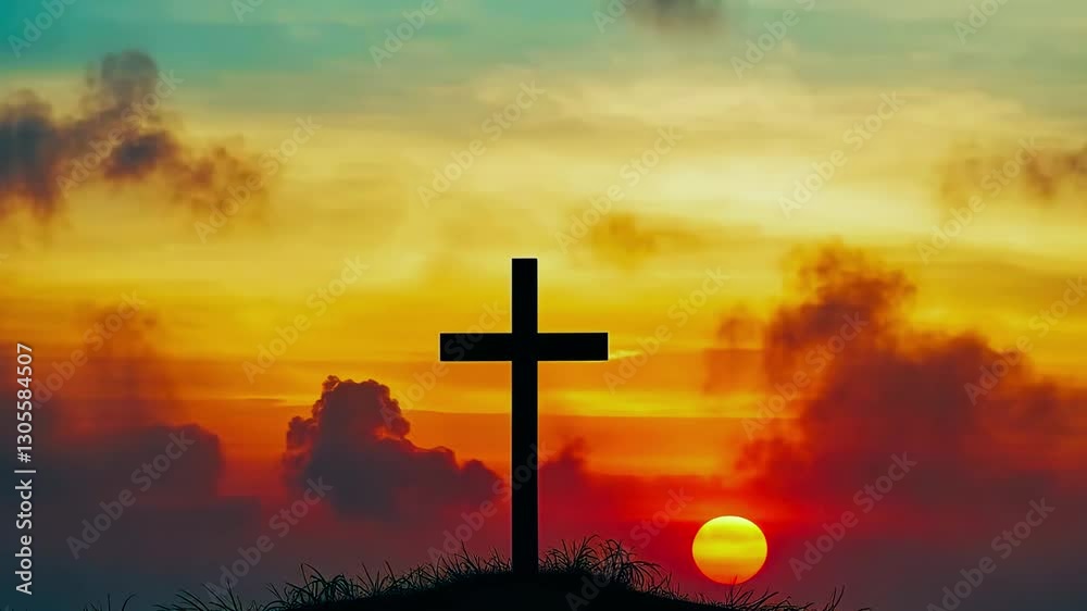 Silhouette of a Cross Against a Vibrant Sunset Over a Horizon with Clouds and Sunlight Silhouette of a Cross Against a Vibrant Sunset Over a Horizon with Clouds and Sunlight