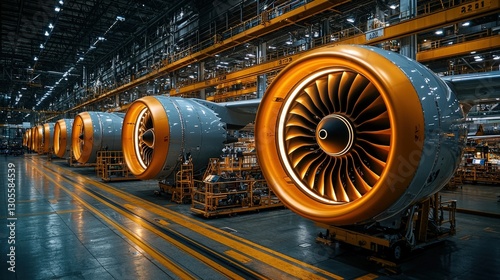 Jet engine assembly line, factory interior