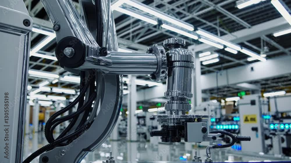 Modern robotic arm executing precise and repetitive movements in a technologically advanced factory setting, showcasing automation and efficiency in manufacturing Modern robotic arm executing precise and repetitive movements in a technologically advanced factory setting, showcasing automation and efficiency in manufacturing