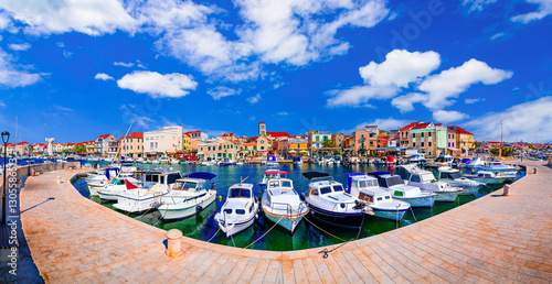 Fototapeta Naklejka Na Ścianę i Meble -  Vodice, Croatia: Sceninc view of the harbor and waterfront, main promenade in the downtown, Adriatic sea coastline, Dalmatia