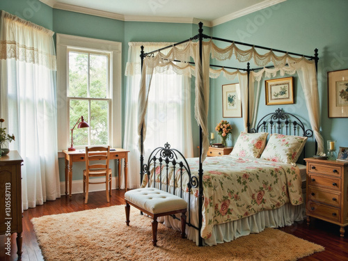 Cozy bedroom with a vintage iron bed, intricate lace canopy, wooden furniture, and floral bedding.