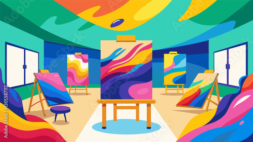Vibrant colors and bold brushstrokes cover the canvases in the therapy room as students let go of their inhibitions and embrace their creativity.. Vector illustration