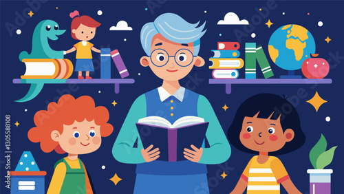 With colorful illustrations and engaging storytelling the librarian captivates the childrens hearts and minds creating an enchanting atmosphere in the library.. Vector illustration