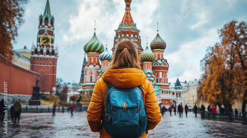 Traveler admires vibrant architecture of Saint Basil's Cathedral in Moscow during autumn
