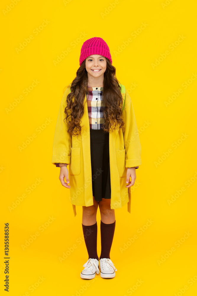 Study in college. Student girl carry backpack. Back to school. Knowledge day. Knowledge and education. School education. Student in autumn style hat. Smiling girl isolated on yellow. September 1 Study in college. Student girl carry backpack. Back to school. Knowledge day. Knowledge and education. School education. Student in autumn style hat. Smiling girl isolated on yellow. September 1