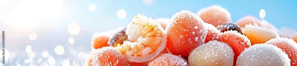 Fototapeta premium Frosted Shrimp and Seafood Mix with Cold Ice in a Bright Setting. Generative AI