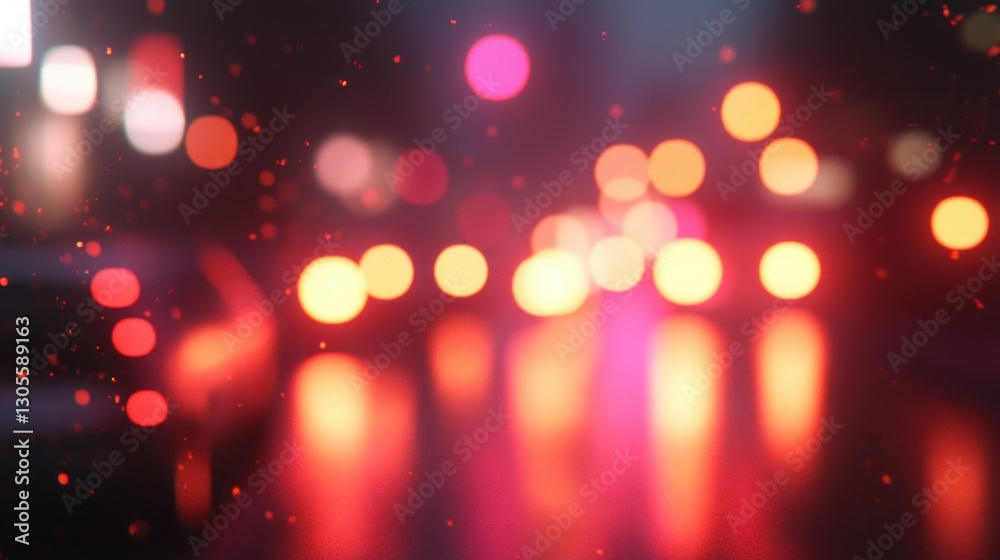 Blurred city lights at night reflect on a wet surface Blurred city lights at night reflect on a wet surface