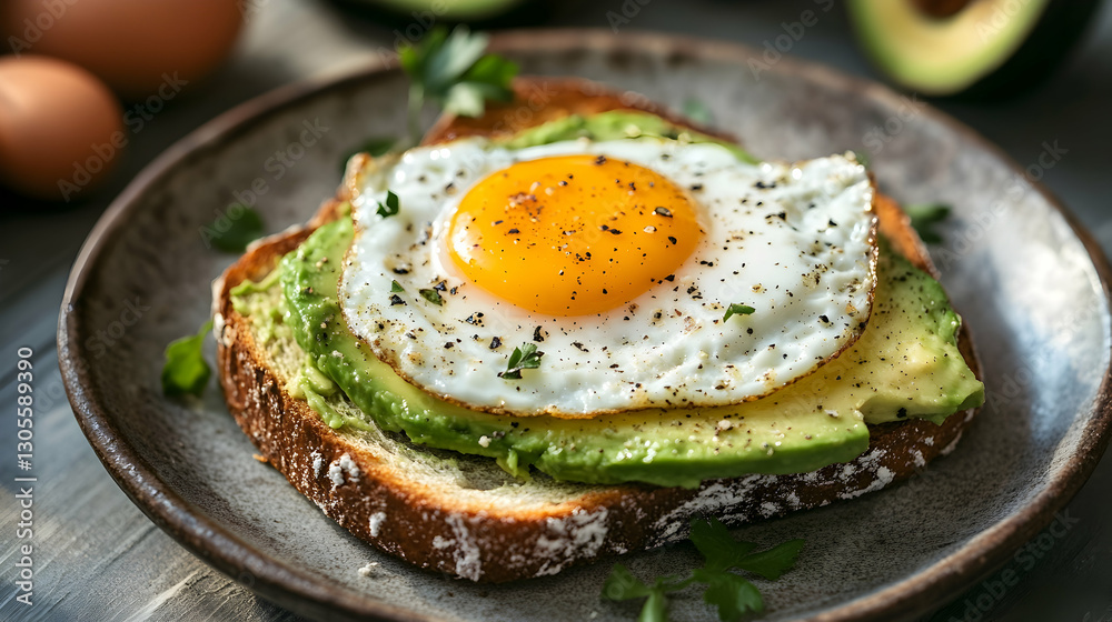 Delicious avocado toast topped with a sunny-side-up egg on a rustic plate