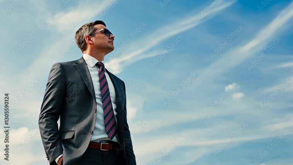Successful Businessman in Dark Suit with Sunglasses Standing Against a Cloudy Blue Sky Looking Confidently towards the Horizon Successful Businessman in Dark Suit with Sunglasses Standing Against a Cloudy Blue Sky Looking Confidently towards the Horizon