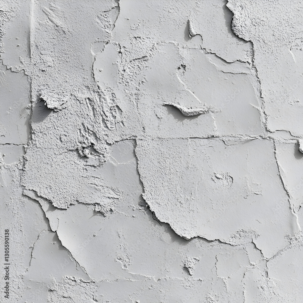 Fototapeta premium Damaged plaster wall texture revealing cracks and peeling layers in subtle grey tones, evoking an urban atmosphere